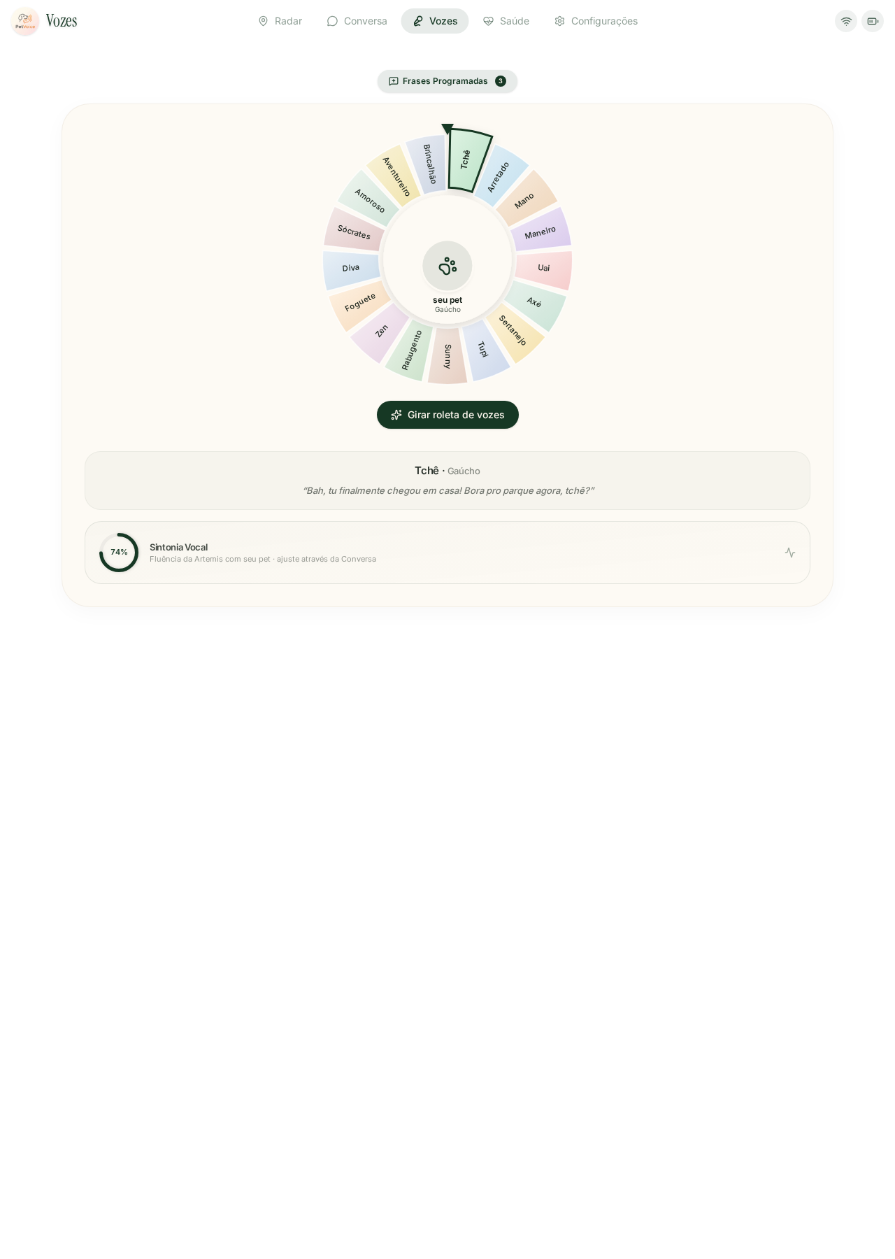 Interface do módulo Vozes na plataforma PetVoice