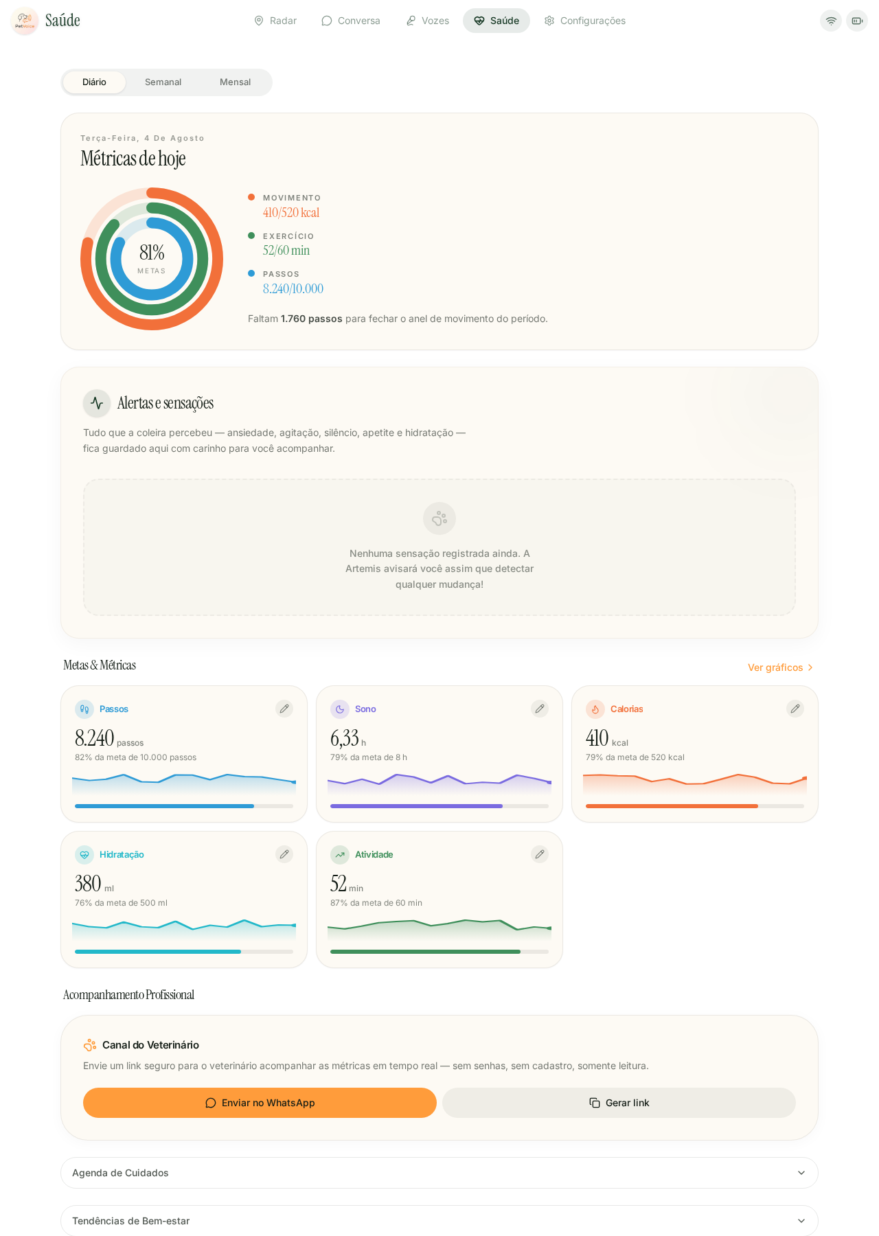Interface do módulo Saúde & Longevidade na plataforma PetVoice