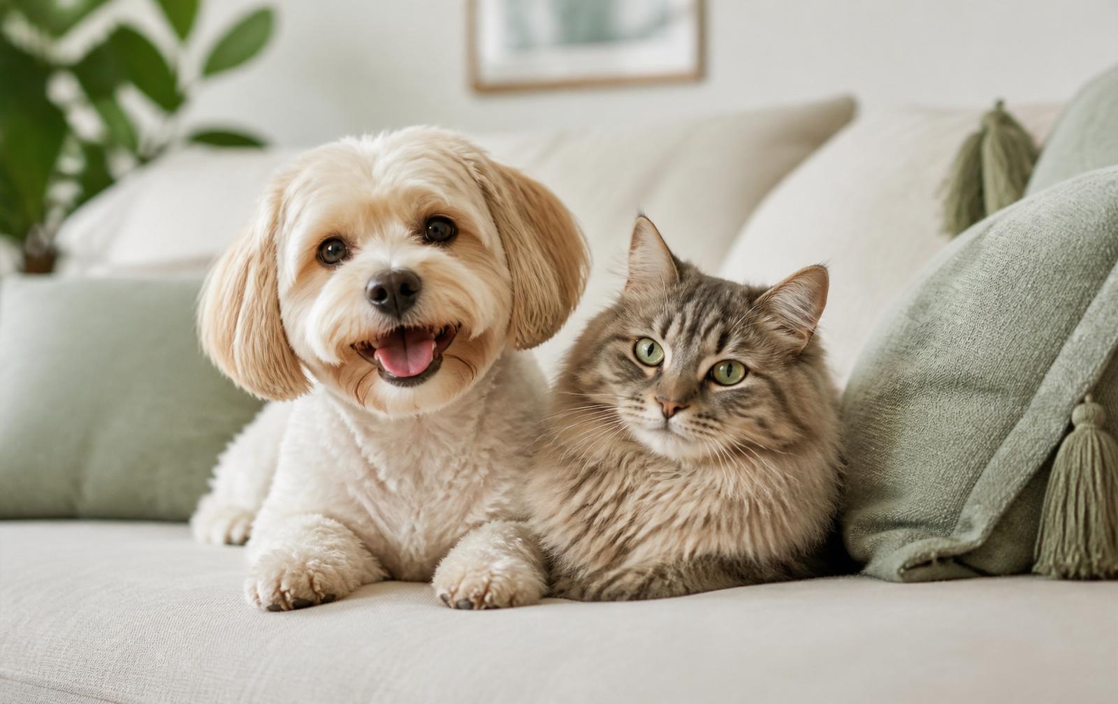 Cachorro e gato juntos no sofá de casa