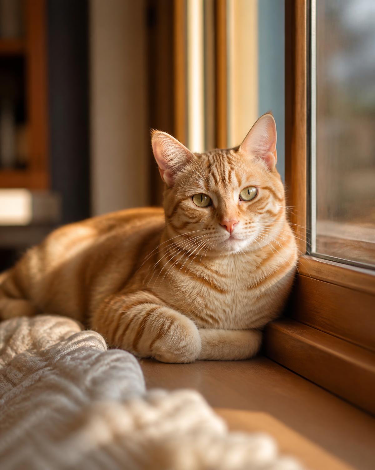 Gato laranja deitado na janela ao sol